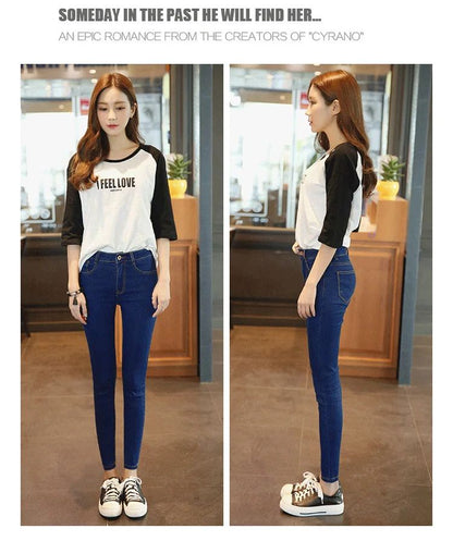 Plus Size High Waist Black Jeans Women's Spring Autumn Fashion Slim Fit Nine Point Cotton Denim Pants with Button Decoration