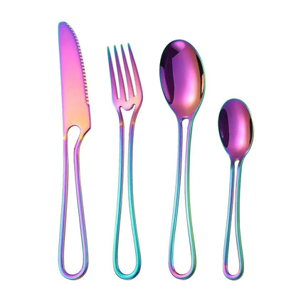 Conjunto de Talheres 4 Peças Aço Inoxidável Louça Cabo Vazado Faca Garfo Colher Jogo de Talheres Ocidentais Prata