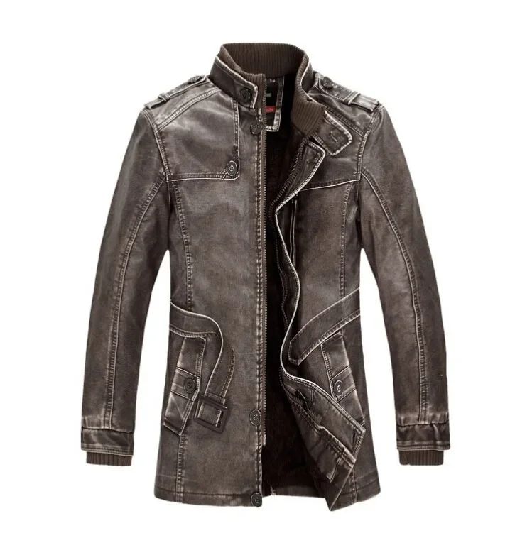 Men Slim Warm Washed Leather Motorcycle Jacket High Quality Leather Jacket Mens Standing Collar Coat Plus Size 4XL Long Parkas