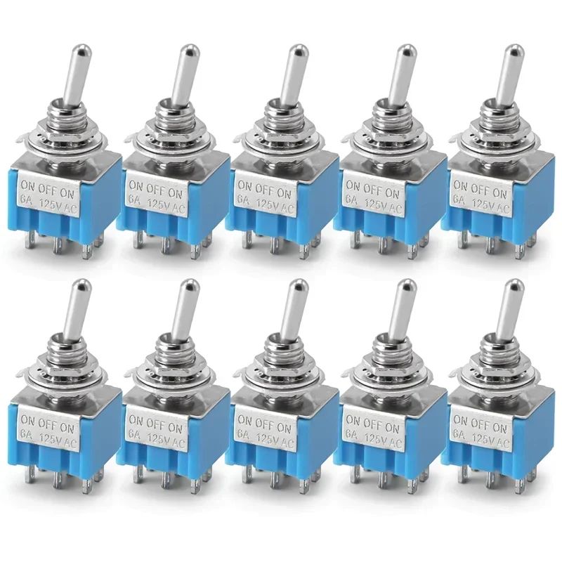 10Pcs Light Blue Miniature Toggle Switch MTS-102/103/202/203 3 Pin 6 Pin Rocker Power Switch ON-OFF-ON / ON-OFF Waterproof Cap