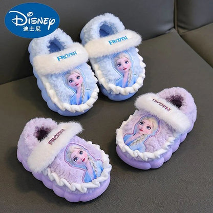 Chinelo de Algodão Infantil Inverno Princesa Disney Elsa Frozen Menina Antiderrapante Quente Para Bebê Rosa Azul Tamanho 26-35
