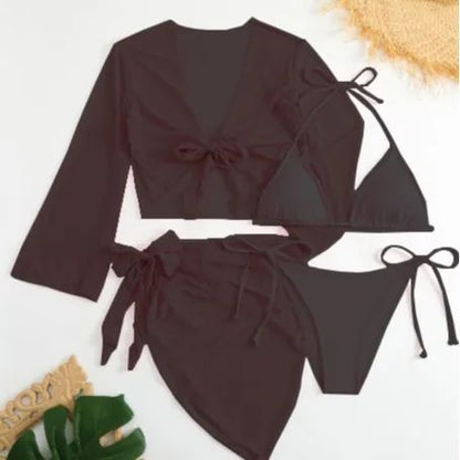 Women Pink Micro Mini String Bikini Sets 4 Pieces with Mesh Cover Tops and Skirt Swimsuit Bathing Suit Beach Outfits Biquini