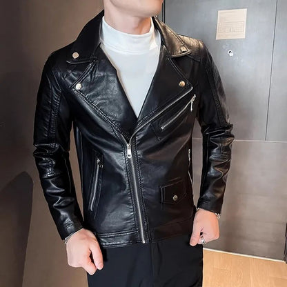 LIBIELIY Autumn Winter High Quality Men PU Leather Jacket Moto Biker Fashion Casual Leather Coat Male Solid Turn Down Collar Sli