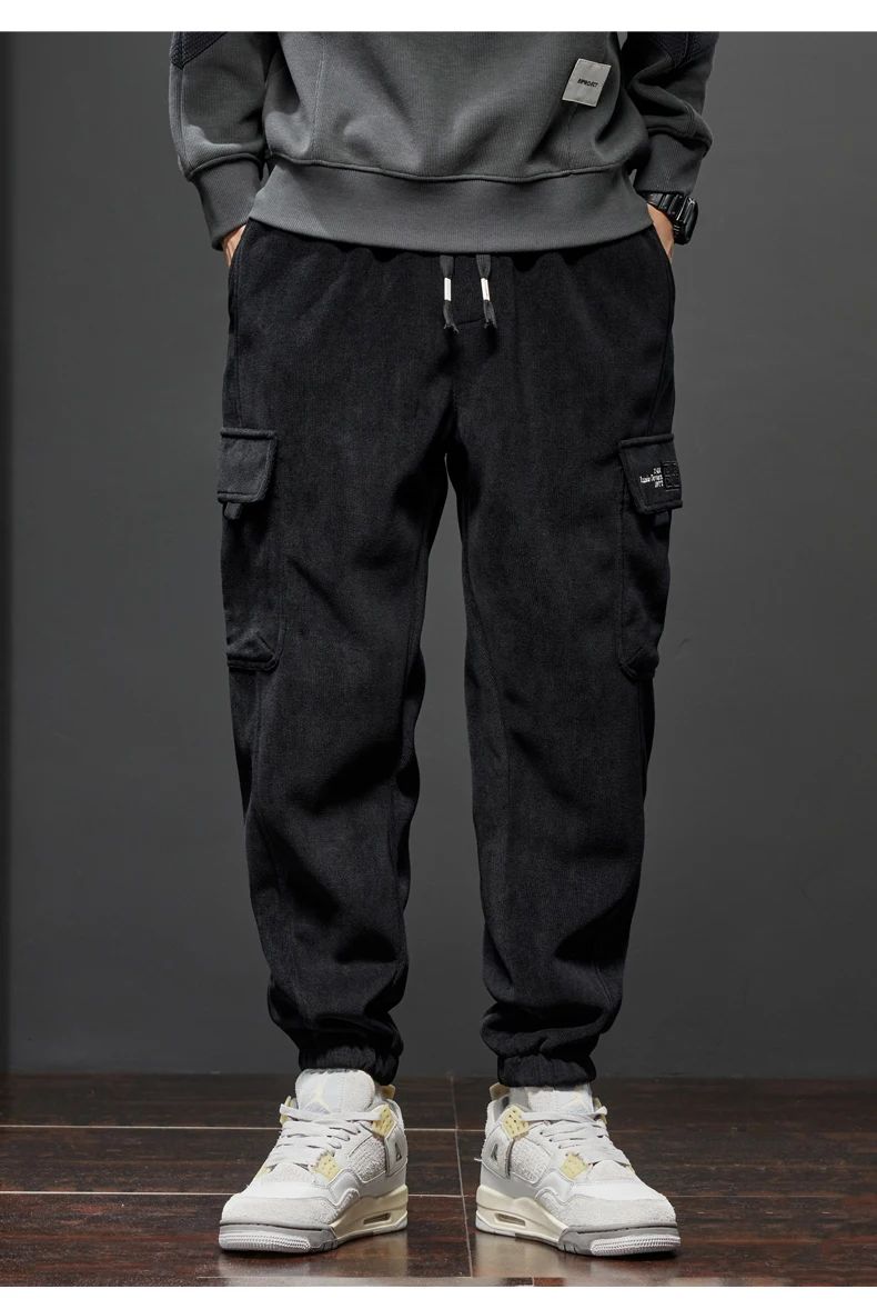 Men's Corduroy Harem Cargo Pants Elastic Waist Casual Joggers Sweatpants Spring Autumn Armygreen Gray Black Trousers Streetwear