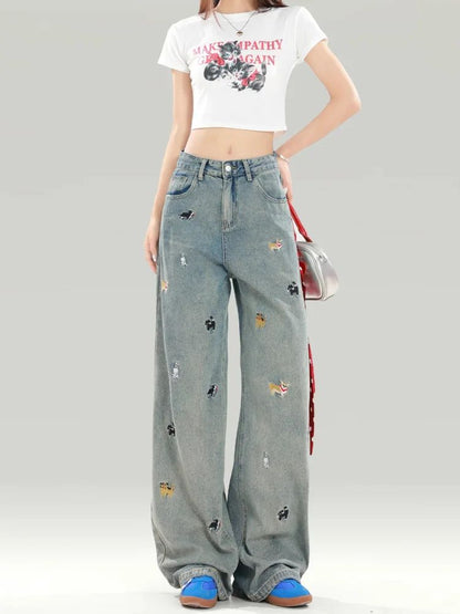 Plus Size Women's Black Dog Embroidery Loose Wide Leg Jeans High Waist Straight Cut Slimming Denim Pants Spring Autumn