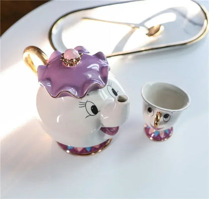 Bule de Chá Bela e a Fera Disney Fofo Desenho Animado Cafeteira Caneca Sra Potts Xícara Zip Bules de Chá Conjunto de Xícaras Decoração de Casa Enfeite Presente
