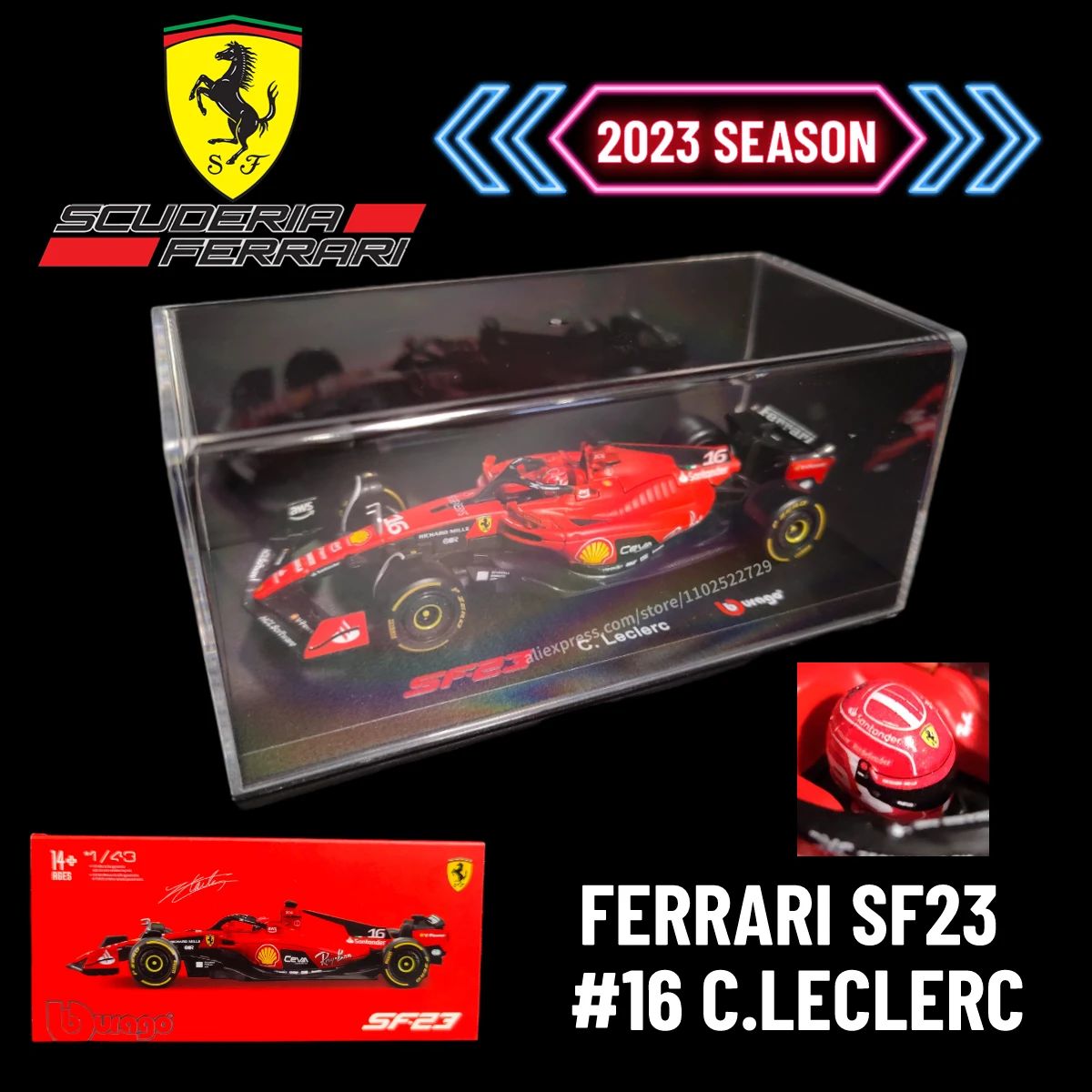 Bburago Ferrari SF23 Modelo de Carro F1 com Vitrine, Minha de Colecionador em Escala 1:43 de Carro de Corrida de Fórmula 1, Brinquedo de Figura Decorativa