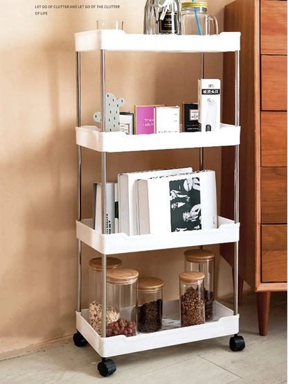Rack de armazenamento móvel com 3/4 níveis para espaços estreitos, carrinho utilitário com rodinhas, prateleira organizadora fina para cozinha, banheiro e sala de estar