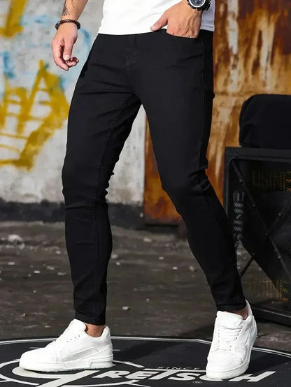 Calça Jeans Masculina Skinny Stretch Cores Sólidas Preto Azul Primavera Luxo Rua Harajuku Hip-Hop Calças Justas Marca