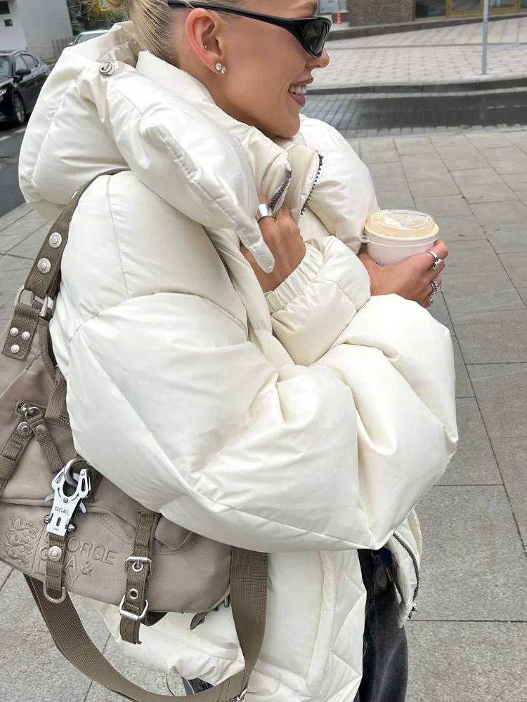 Detachable Hooded Padded Jackets Women's Loose Full Sleeves Zipper Pockets Stand Collar Coats 2025 Autumn Winter Female Outwear