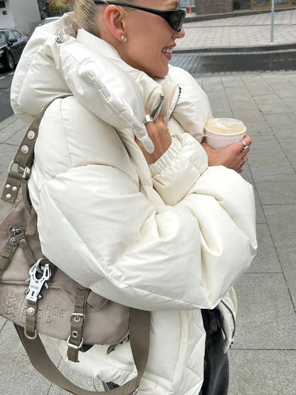 Detachable Hooded Padded Jackets Women's Loose Full Sleeves Zipper Pockets Stand Collar Coats 2025 Autumn Winter Female Outwear