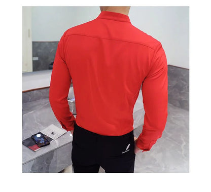 Black Men Long Sleeve Shirt, White Single Breasted Collar Stretch Shirts, Red Fashion Slim Top,Asian Size M-5XL(Korean Slim Fit)