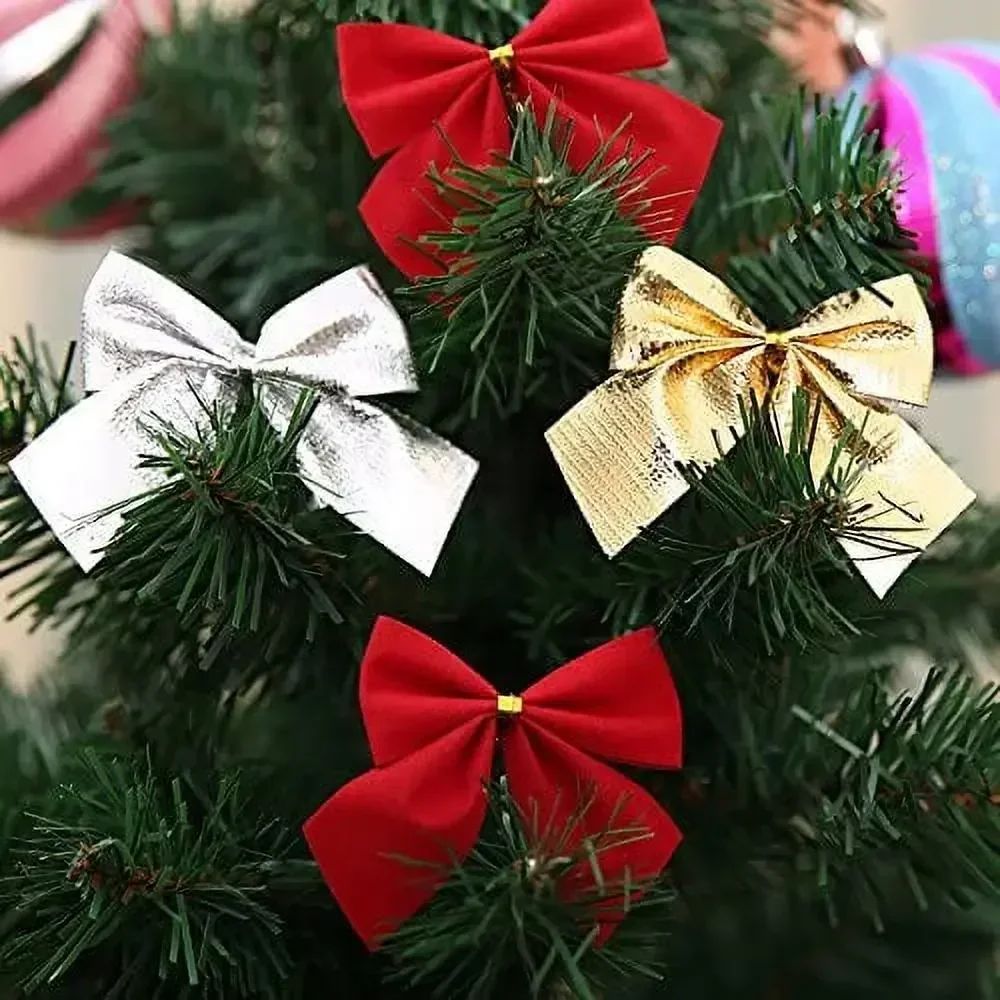 240/12PCS Mini Christmas Bow Ornaments Red Gold Xmas Tree Hanging Pendant DIY Craft New Year Home Party Decoration Bowknot Gifts