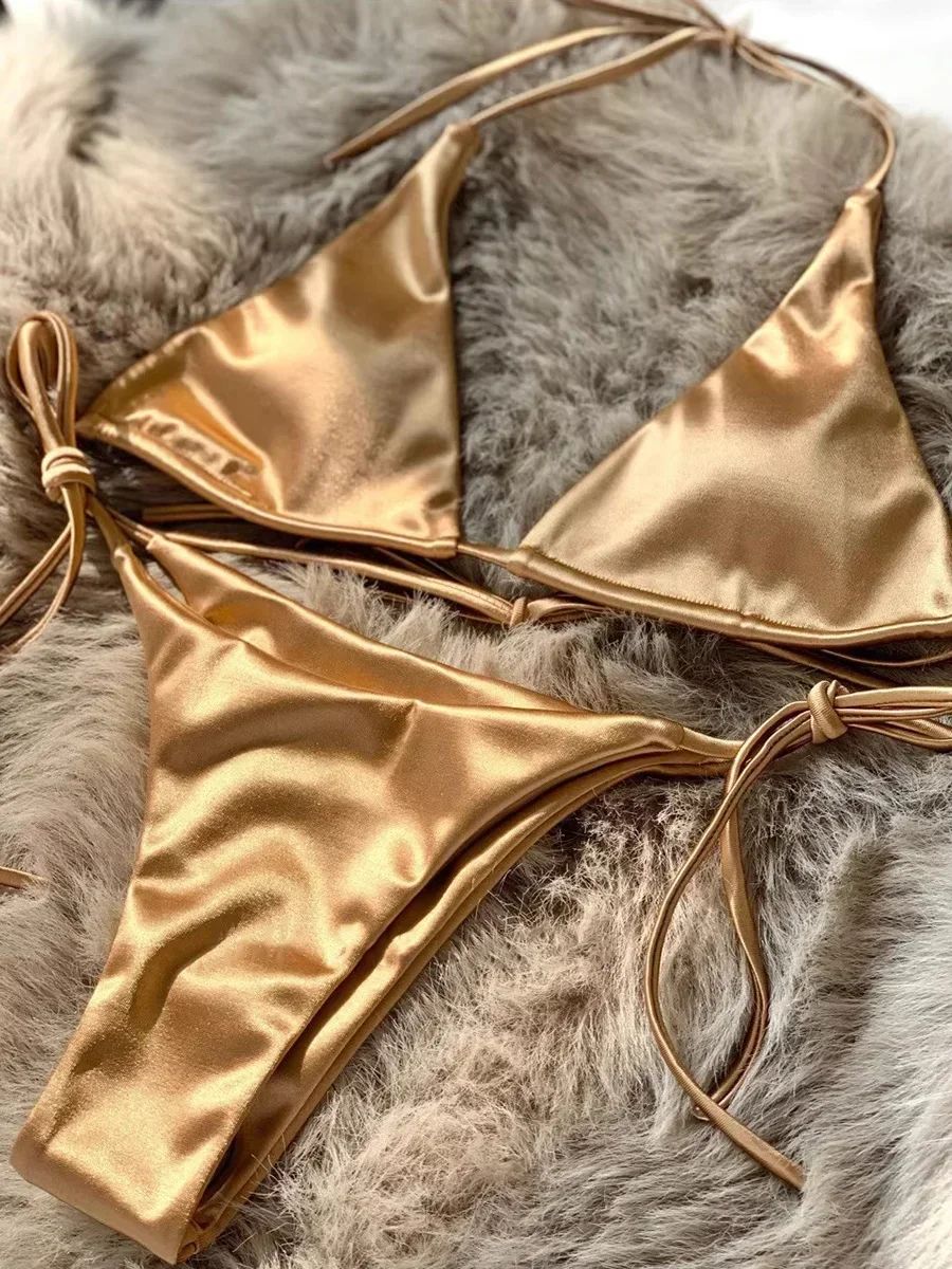 Halter Brazilian Metallic Satin Bikini Women Swimwear Female Swimsuit Two-pieces Bikini Set High Cut Bathing Suit Swim Beachwear