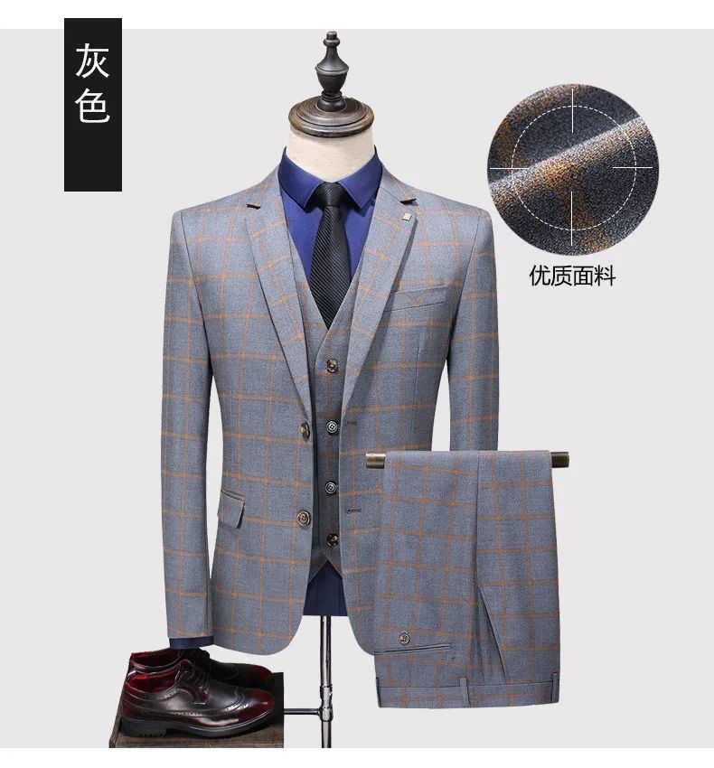 Suit (blazer+vest+pants) Man Fashion Business British Grid Trend Style Casual Hosting Slim Wedding Work Conjunto Hombre