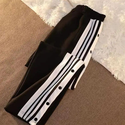 Women's Casual Side Stripe Split Pants Loose Wide Leg Comfortable Slimming Sports Trousers Trendy Ins Style Elastic Waist