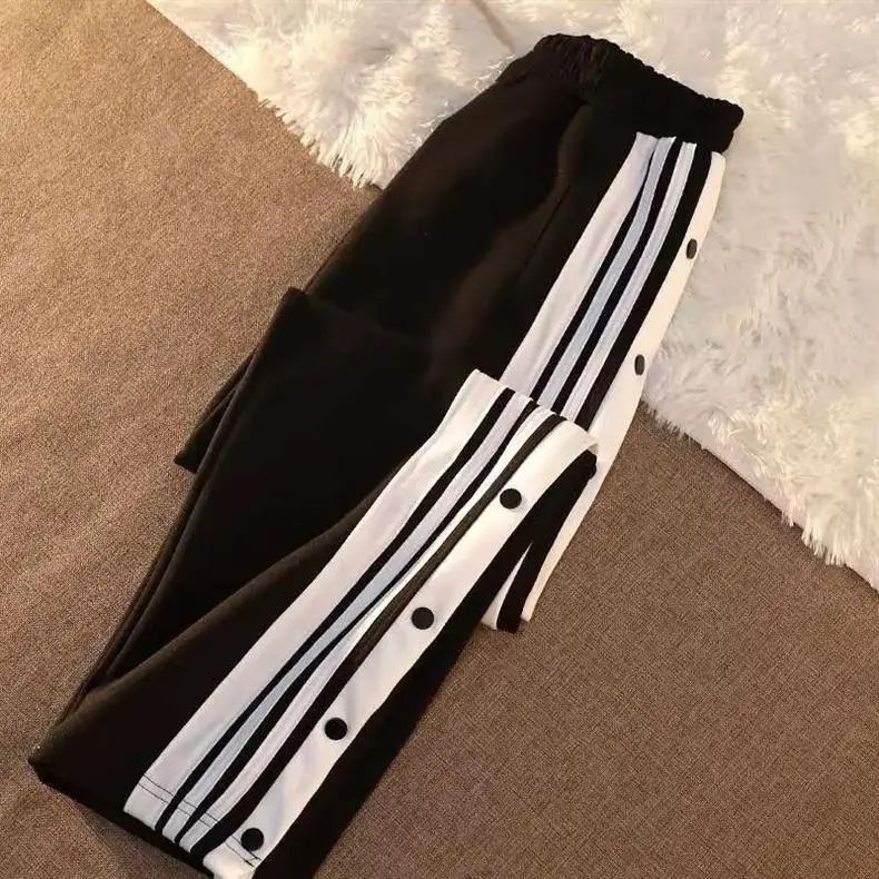 Women's Casual Side Stripe Split Pants Loose Wide Leg Comfortable Slimming Sports Trousers Trendy Ins Style Elastic Waist