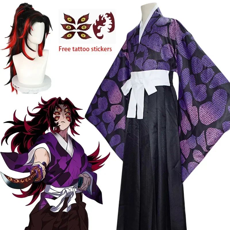2026 New Edition Kokushibo Role-Play Wig, Temporary Tattoos, Anime-Print Kimono Top, Halloween Party Costume
