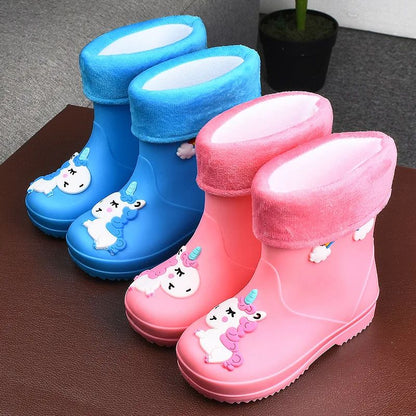 Children's Fleece-Lined Non-Slip Rain Boots For Boys And Girls Cartoon Cute Princess Style Anti-Slip Four Seasons Kids Shoes