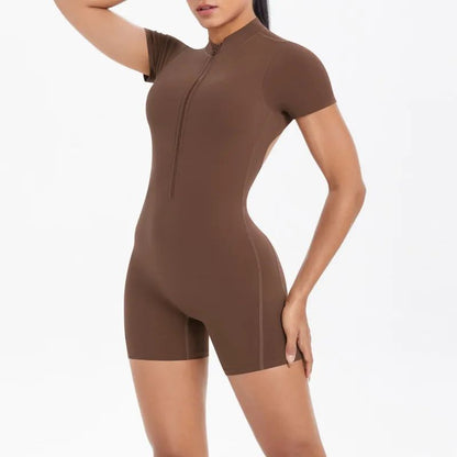 Women's Seamless Yoga Jumpsuit - Front Zip Open Back Breathable One-Piece Bodysuit for Gym Running Fitness Workout