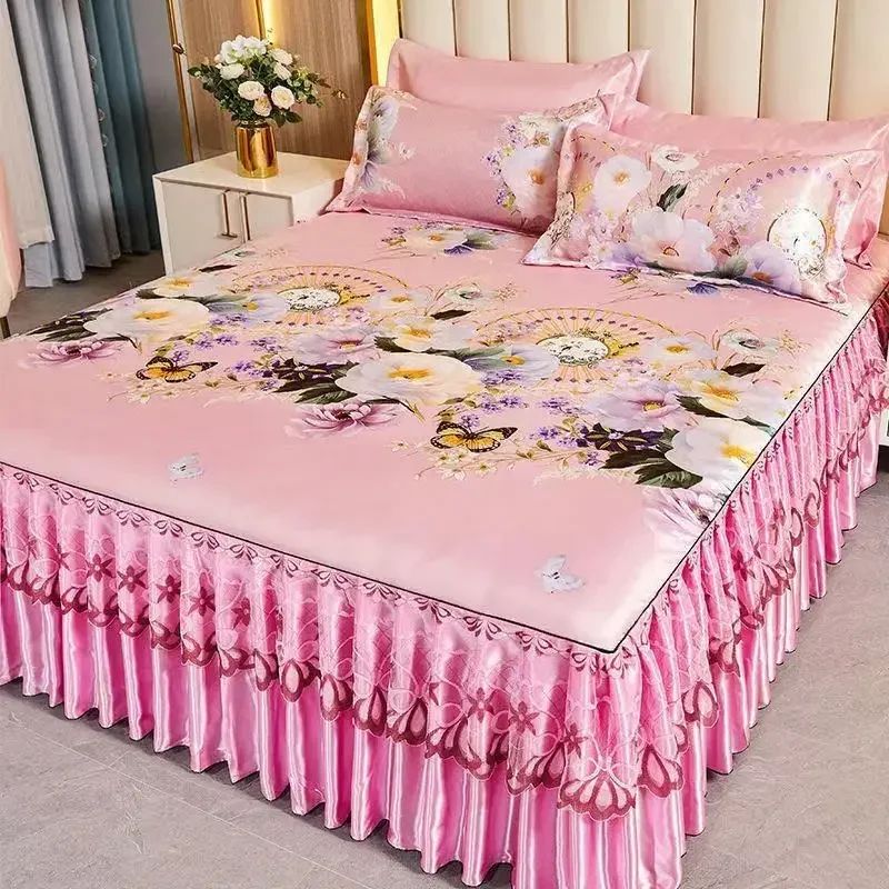 Kit 3 Peças de Lençol de Casal com Renda Clássica Azul Royal, Saia para Cama, Colcha de Casamento Lavável à Máquina, Capa de Colchão