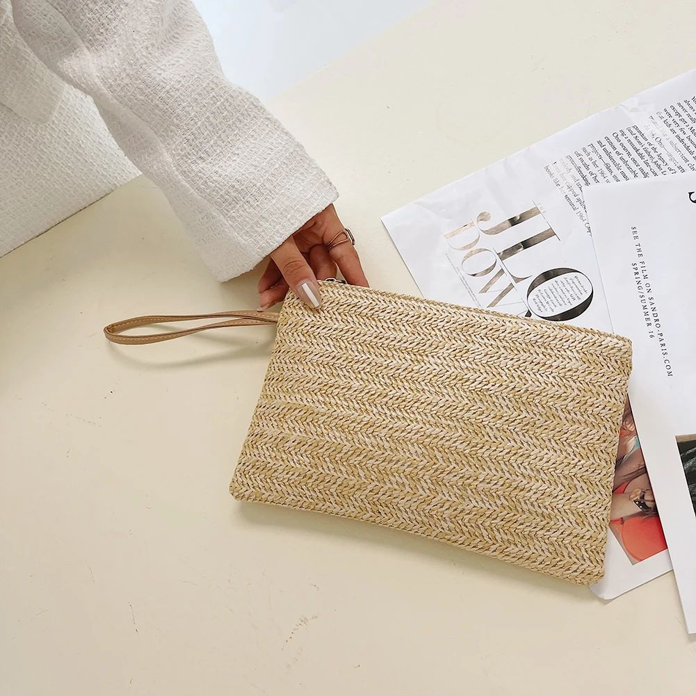 Weaving Bag Fashion Ladies Wristlet Clutch Women Daily Money Phone Clutch Straw Woven Coin Purse Beach Wallet Card Business Bag