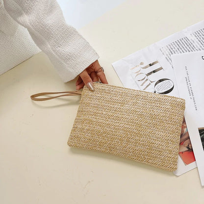 Weaving Bag Fashion Ladies Wristlet Clutch Women Daily Money Phone Clutch Straw Woven Coin Purse Beach Wallet Card Business Bag