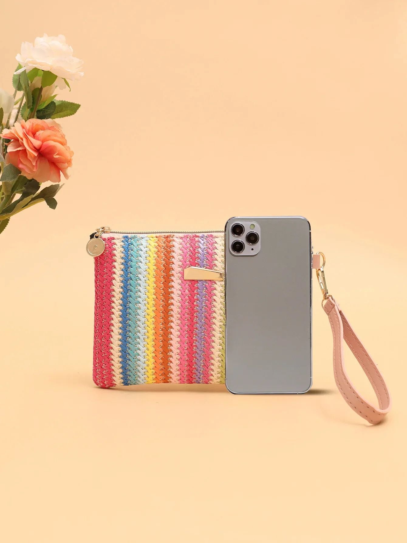 Rattan Knitting Women Straw Bags Fashion Colorful Summer Beach Clutch Bag Female Woven Wristlet Bag Wallet Money Coin Purse