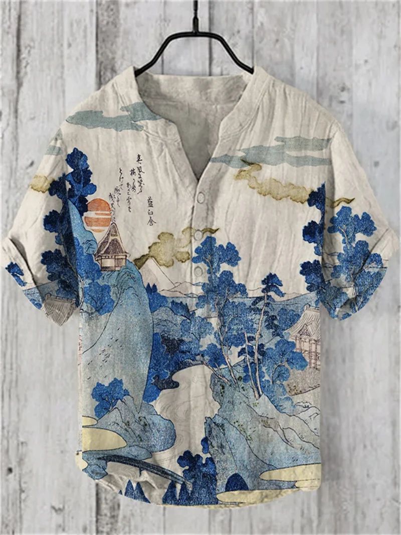 Henry men's casual fashion outdoor seaside men's tops shirt V-neck linen shirt 2024 new plus size