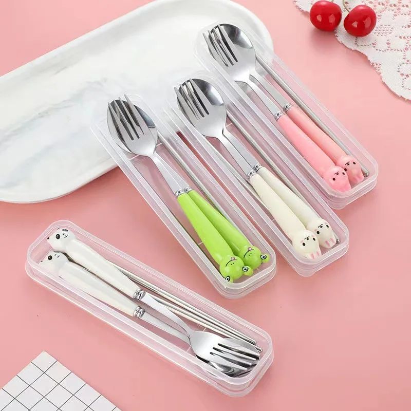 Cute Cartoon Travel Tableware with Case Portable Utensils Cutlery Set Reusable Flatware Silverware Include Fork Spoon with Case
