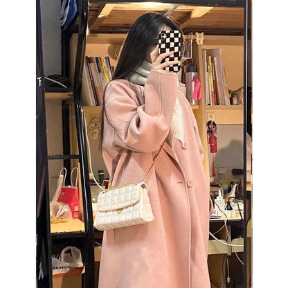 Winter Long Pink Woolen Coat French Hepburn Style Loose Casual Slimming Knee-Length Tweed Outerwear Women's Fashion
