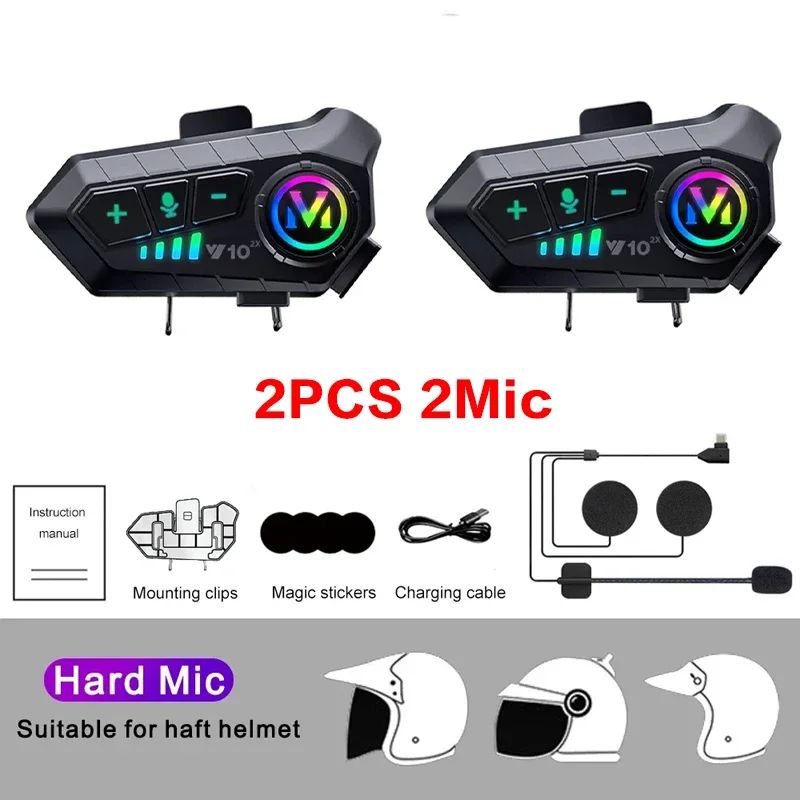 1/2 Peças Y10 Intercomunicador Bluetooth para Capacete de Moto 2x 300M Sem Fio Intercomunicador 2000Mah Walkie Talkie para Moto com Microfone Rígido e Flexível