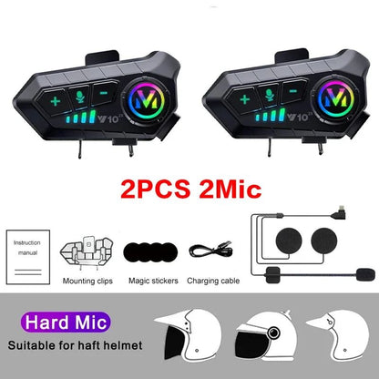 1/2 Peças Y10 Intercomunicador Bluetooth para Capacete de Moto 2x 300M Sem Fio Intercomunicador 2000Mah Walkie Talkie para Moto com Microfone Rígido e Flexível