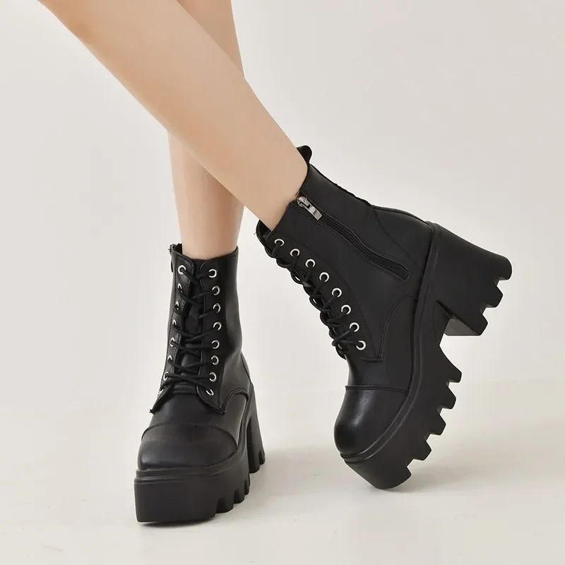 2024 Winter Plus Size Shoes for Women Side Zip Women's Ankle Boots Platform Square Heel Ladies Boots Lace-up Shoes Female