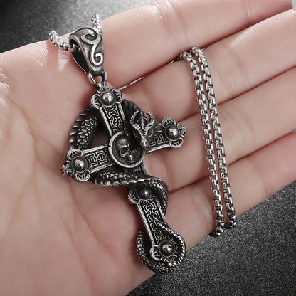 Colar de Pingente de Caveira Demoníaca Enrolada de Cobra Gótica Vintage para Homens Meninos Festa de Rock Halloween Joia de Presente