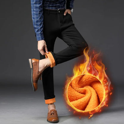 Winter Men Korean Fashion Straight Leg Pants Winter Snow Warm Thermal Thicken Casual Pants New Fleece Slim Fit Business Trousers