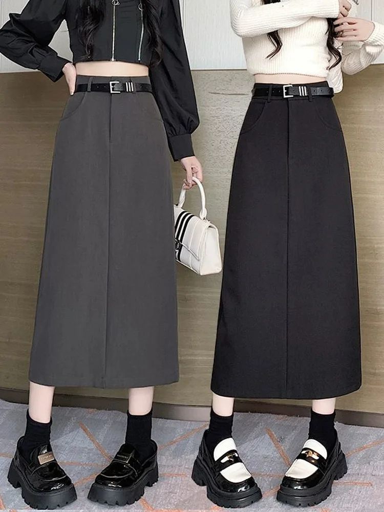 Grey High-waisted A- line Skirt Half Dress Petite Long Dress Autumn/winter For Women Side Slit Workwear