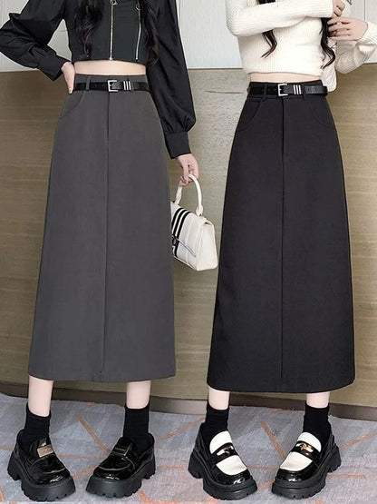 Grey High-waisted A- line Skirt Half Dress Petite Long Dress Autumn/winter For Women Side Slit Workwear