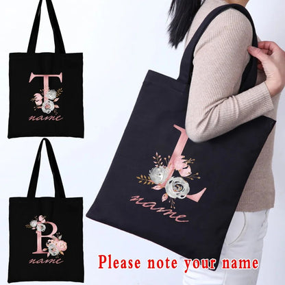 Custom Free Name Canvas Bags Women Shoulder Bag Handbags Pink Letter Beach Bags Tote Casual Woman Grocery Eco Shopping Bag
