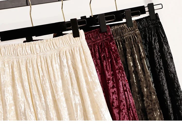 Autumn Winter Girls New A-line Velvet Skirt 2025 Plus Size Gold Velvet Half Pleated Skirt Solid Versatile High Waist Mid Skirt