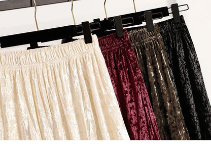Autumn Winter Girls New A-line Velvet Skirt 2025 Plus Size Gold Velvet Half Pleated Skirt Solid Versatile High Waist Mid Skirt