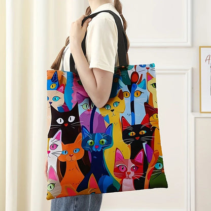 Bolsa Casual Estampada Gatinho Colorido, Mochila Reutilizável da Moda, Bolsa Multifuncional, Sacola de Compras Estampada 40x40cm