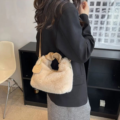 Fashionable Cute Plush Shoulder Bag for Women's Solid Color Soft Fluffy  Handbag Autumn Winter Soft Plush Crossbody Bag