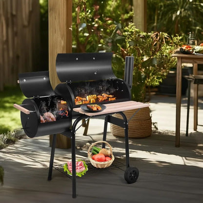 BBQ Charcoal Grill, Outdoor Patio Grill with Offset Smoker, Wheels and Tray for Balcony Picnics, Parties and Camping