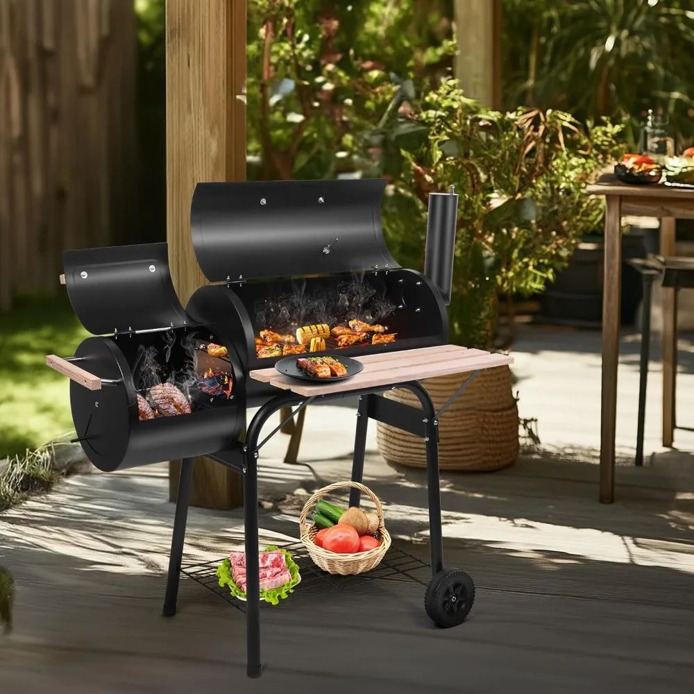 BBQ Charcoal Grill, Outdoor Patio Grill with Offset Smoker, Wheels and Tray for Balcony Picnics, Parties and Camping