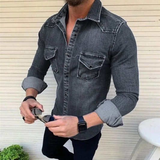 Vintage Solid Color Men Washed Denim Shirt 2024 Autumn Causal Full Sleeve Turn Down Collar Single Breasted Multi Pockets Coat