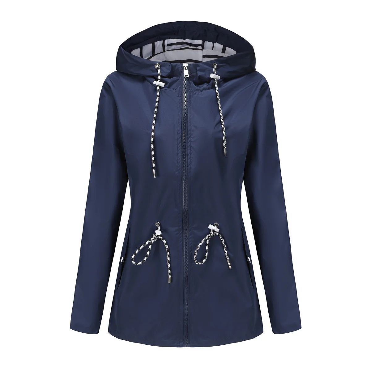 Blue Waterproof Hooded Jacket Women Fashion Casual Coat Waist Drawstring Tie Zipper Switch Red Green Yellow Black Windbreaker