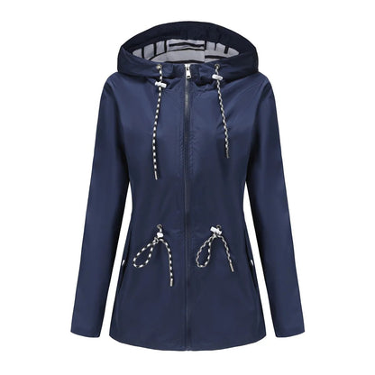 Blue Waterproof Hooded Jacket Women Fashion Casual Coat Waist Drawstring Tie Zipper Switch Red Green Yellow Black Windbreaker