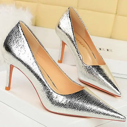 Spring Autumn New Women 7cm High Heels Fashion Retro Holiday Party Pumps Lady Gold Silver Daily Office Pointed Toe Low Heels