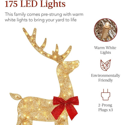 Elegant 4ft 3-Piece 2D Illuminated Christmas Deer Family, Large Outdoor Yard Decoration with 175 Lights